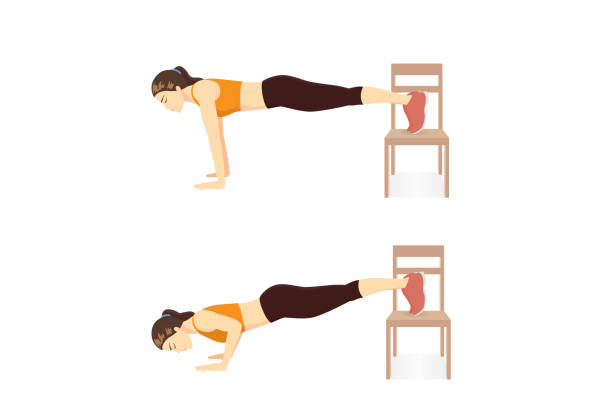 Woman doing home cardio workout by Step Decline Push Up with Chair in 2 step. Workout while stay at Home. Woman doing home cardio workout by Step Decline Push Up with Chair in 2 step. Illustration about workout diagram while stay at Home. wrist exercise stock illustrations