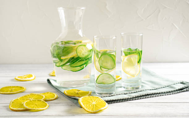 istock Light and fresh cucumber, lemon beverage on white table with lemon slices Drink for weight loss and lower blood pressure 1219004422