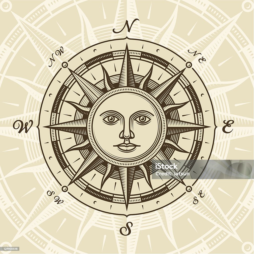 Vintage sun compass rose Vintage sun compass rose in woodcut style. Vector illustration with clipping mask. Includes high resolution JPG. Navigational Compass stock vector