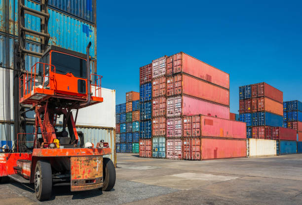 istock Stacking of Container cargo harbor. Business Logistics import export shipping concept. 1219005747