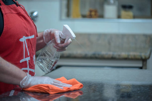 istock Woman cleaning granite table in kitchen using orange towel and alcohol 1219006090