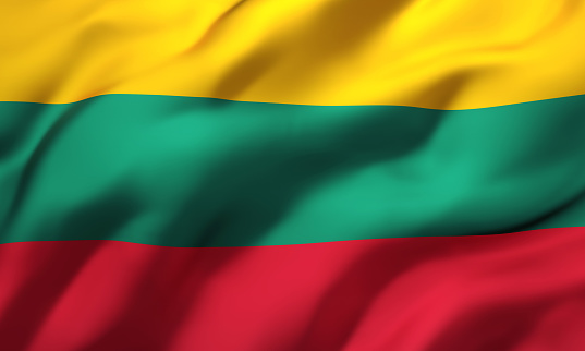 Flag of Lithuania blowing in the wind. Full page Lithuanian flying flag. 3D illustration.