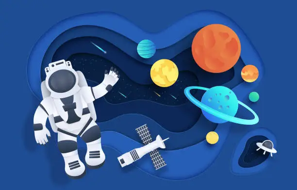 Vector illustration of 1909.m30.i120.n015.S.c12.1385330831 Paper cut space. Cartoon cosmonaut in open space with stars rocket spaceship planets and clouds. Vector astronaut in cosmos