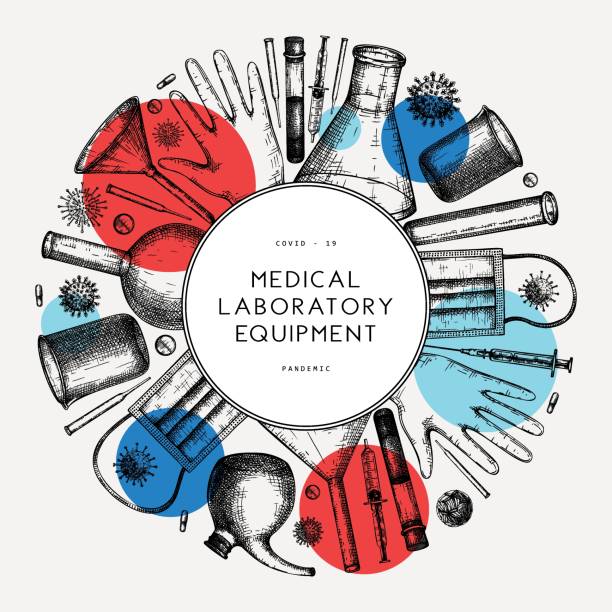 Corona virus hand drawn design Corona virus testing laboratory equipment wreath. Coronavirus hand drawn design template. COVID-19 flyer. Vector banner with laboratory equipment, medicinal, protection tools, viruses vintage drawings flask funnel stock illustrations