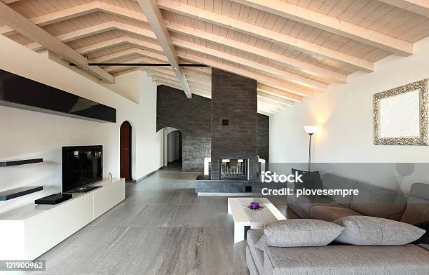 Interior Large Livingroom Stock Photo - Download Image Now - Fireplace, Stone Material, Living Room