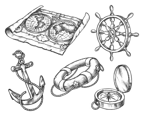 Set of isolated sketch of sea equipment. Ocean compass and vintage map, hand drawn ship or boat steering wheel and anchor, lifebuoy. Hand drawn sailing or pirate icon. Navigation and nautical theme