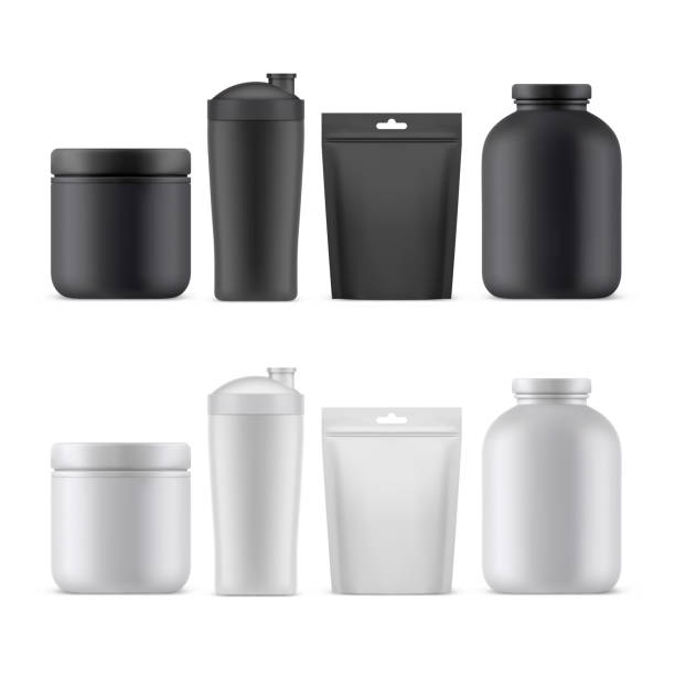 Sport nutrition and supplements, 3D blank mockups Sport nutrition supplements packages, vector realistic blank 3D mockup templates. Sport food supplements plastic containers, protein jar, gym shaker bottle, bcaa can and gainer foil bag doy pack protein powder bottle stock illustrations