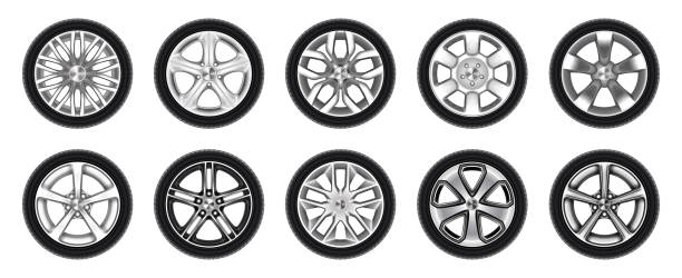 satz isolierter gummireifen, autoreifen, lkw-rad - tire rim stock-grafiken, -clipart, -cartoons und -symbole