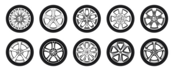 고립 된 고무 타이어, 자동차 타이어, 트럭 휠 세트 - tire rim stock illustrations