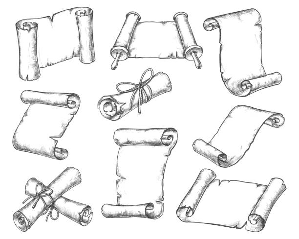 средневековые бумажные свитки, иконы рукописных эскизов - папирус бумага иллюстрации stock illustrations