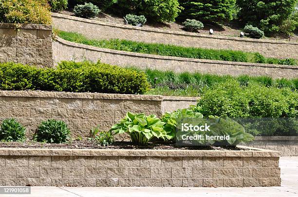 Tiered Retaining Wall Stock Photo - Download Image Now - Retaining Wall, Block Shape, Landscaped