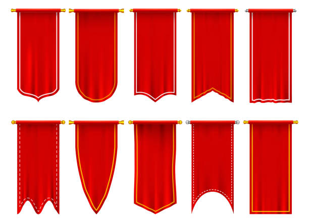 illustrazioni stock, clip art, cartoni animati e icone di tendenza di bandiere rosse verticali o striscioni, pennant 3d - pedestal football award concepts