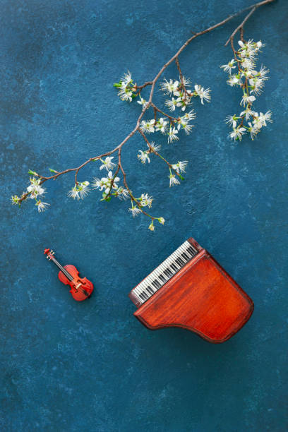 桜の枝を開花させたピアノとバイオリンのミニチュアコピー。トップビュー、クラシックブルーの背景にクローズアップ - ragtime ストックフォトと画像