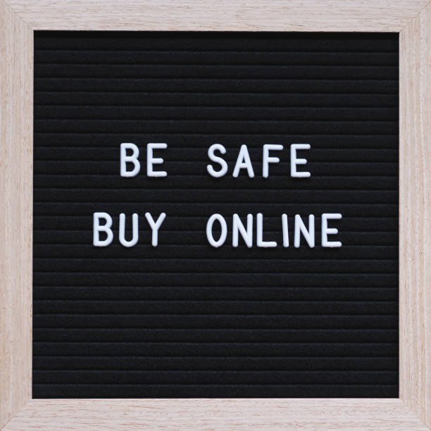 istock Be safe buy online text on blackboard 1219013708
