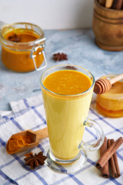 istock Turmeric milk. Cooked golden milk in a glass 1219013887