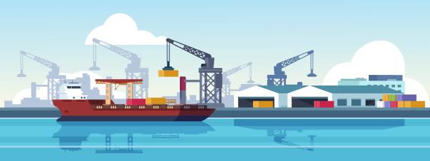 Marine port. Shipping transportation and ocean logistic flat banner, cargo ships and freight vessels. Vector maritime transportation Marine port. Shipping transportation and ocean logistic flat banner, cargo ships and freight vessels. Vector illustration loading by crane maritime freight transportation container in dock freight transportation illustrations stock illustrations
