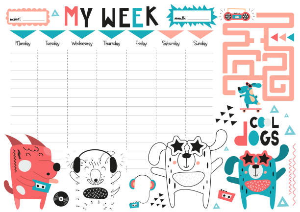 ilustrações, clipart, desenhos animados e ícones de minha semana - planejador semanal para crianças - dog school audio