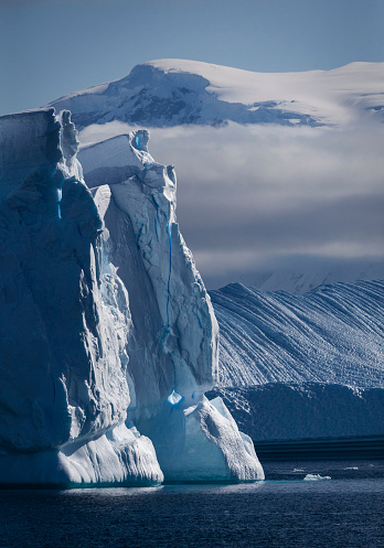 Beautiful antarctic icebergs illustrating sustainability and global warming.