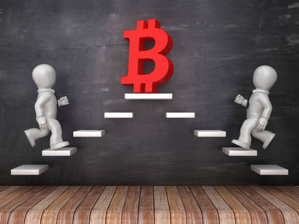 istock Business Characters on Steps with Bitcoin Symbol on Chalkboard - 3D Rendering 1219017481