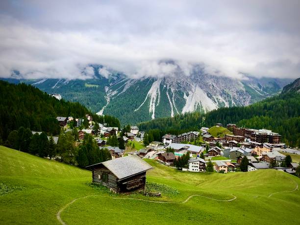 A cabin with both a village and Mountain View in summer
