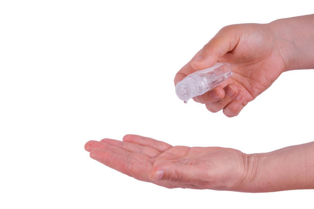 istock Bottle with antibacterial antiseptic gel for disinfection in hand on white isolate. Stop virus infection and epidemic. Health care concept 1219017597