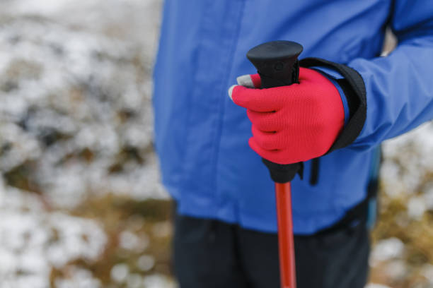 istock hand in glove with trekking pole close-up grip 1219017671