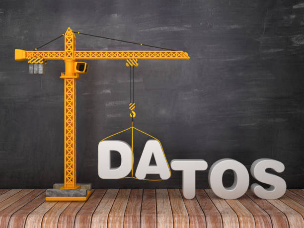 istock Tower Crane with DATOS Word - Spanish Word - Chalkboard Background - 3D Rendering 1219018650