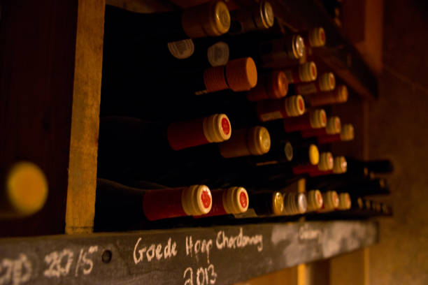 bouteilles vintage entreposées dans la cave - dust old cabernet sauvignon grape aging process photos et images de collection