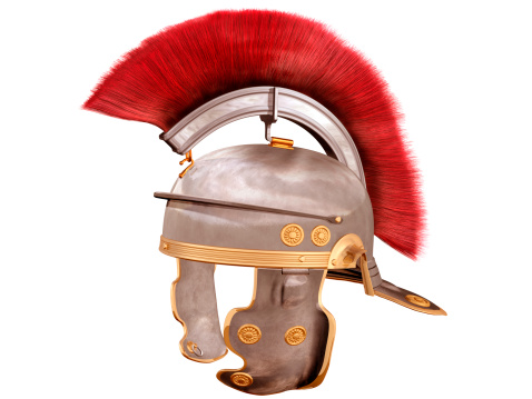 Isolated 3d render illustration of armored spartan warrior helmet different angles on white background.