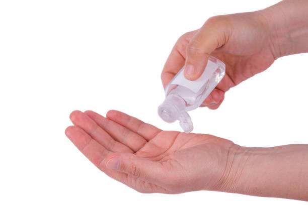 istock Bottle with antibacterial antiseptic gel for disinfection in hand on white isolate. Stop virus infection and epidemic. Health care concept 1219020836