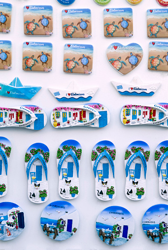 Colorful handmade magnets souvenirs in Greece, Europe