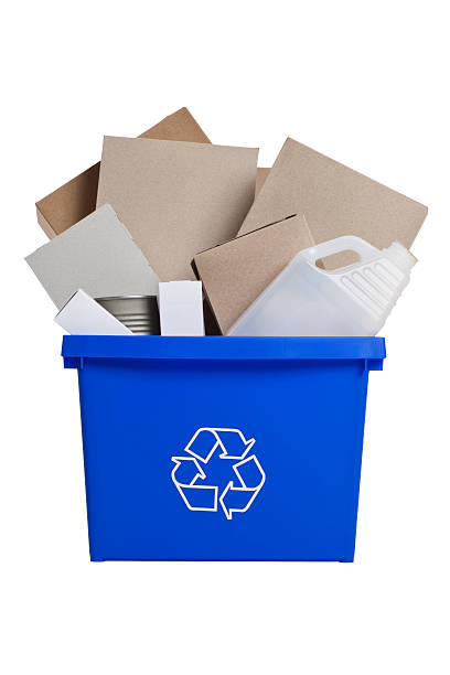 istock Front view one blue bin full of recycle material 121902597