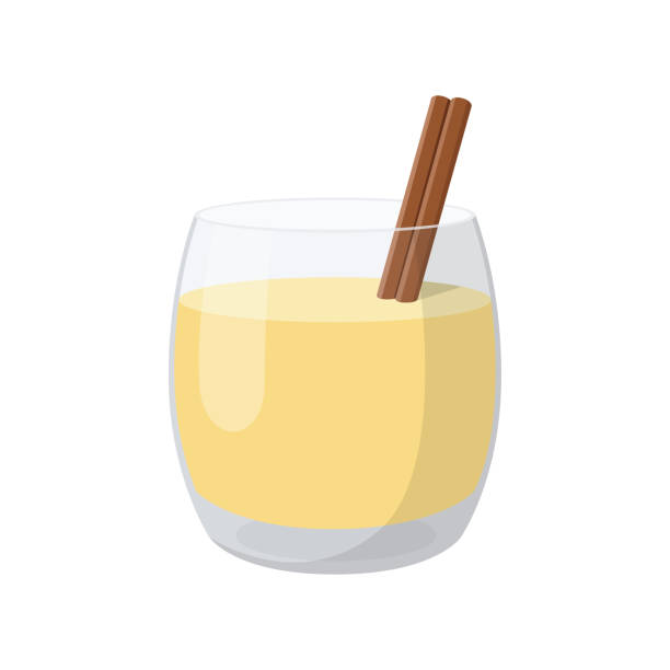 Traditional Christmas beverage eggnog in glass glass with cinnamon stick. Vector illustration on transparent background Eggnog christmas eggnog stock illustrations