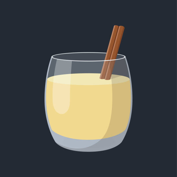 Traditional Christmas drink eggnog in clear glass glass with cinnamon stick on dark blue background Eggnog christmas eggnog stock illustrations