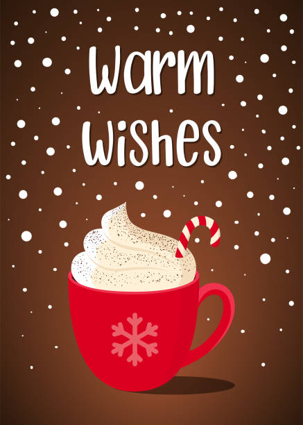 ilustraciones, imágenes clip art, dibujos animados e iconos de stock de postal de navidad con texto escrito a mano "deseos cálidos" y taza roja con chocolate caliente, crema batida y bastón lollipop sobre fondo marrón con copos de nieve - falling candy christmas candy cane