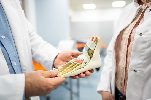 Dos médicos discuten la anatomía del pie humano photo