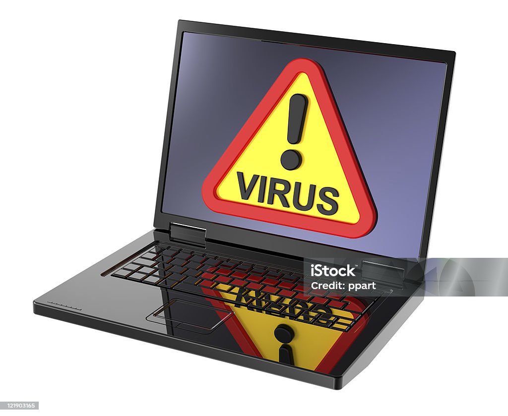 Panneau d'avertissement de Virus sur ordinateur portable écran - Photo de Bug informatique libre de droits