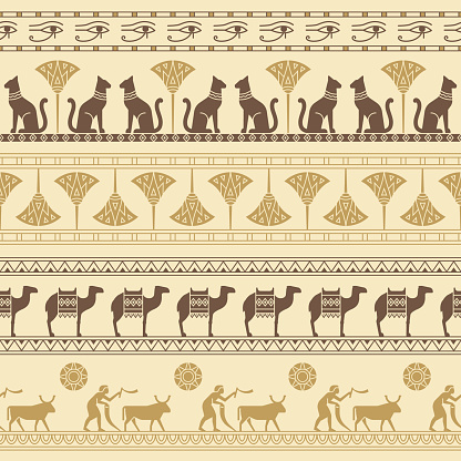 A seamless pattern based on the symbols of ancient Egypt. Cats, lotus flowers, camels, buffaloes and more.