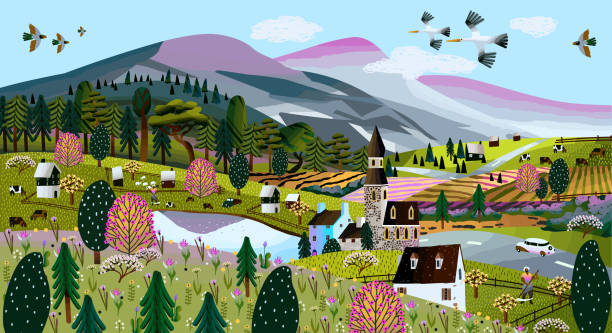 자연. 여름과 봄 풍경, 산, 나무, 숲, 주택, 교회, 예배당과 마�을의 벡터 그림입니다. 포스터 나 배경에 대한 유럽 마을과 마을의 그림 - food hill landscape farm stock illustrations