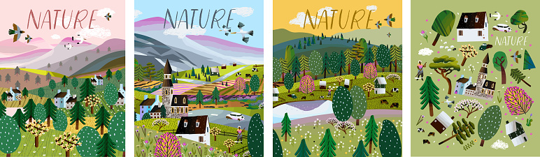 Nature. Vector illustration of a summer and spring landscape, mountains, trees, forest, houses and a village. Drawing of a European village and a village for a poster, background or postcard