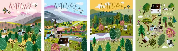Vector illustration of Nature. Vector illustration of a summer and spring landscape, mountains, trees, forest, houses and a village. Drawing of a European village and a village for a poster, background or postcard