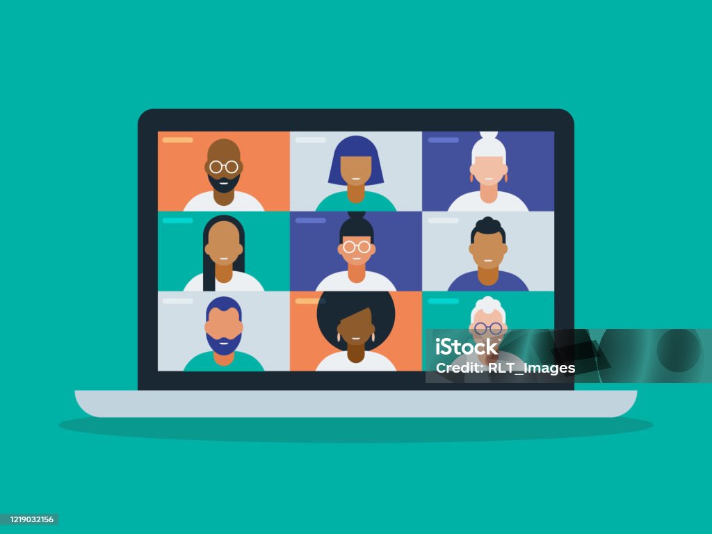 Illustration of a diverse group of friends or colleagues in a video conference on laptop computer screen Modern flat vector illustration appropriate for a variety of uses including articles and blog posts. Vector artwork is easy to colorize, manipulate, and scales to any size. Video Call stock vector