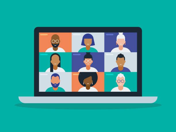 Illustration of a diverse group of friends or colleagues in a video conference on laptop computer screen Modern flat vector illustration appropriate for a variety of uses including articles and blog posts. Vector artwork is easy to colorize, manipulate, and scales to any size. connection clipart stock illustrations