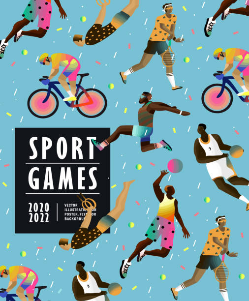 Sport games. Vector illustration of athletes: cycling, tennis, basketball, volleyball, athletics. Competition drawing for poster, background or cover. Sport games. Vector illustration of athletes: cycling, tennis, basketball, volleyball, athletics. Competition drawing for poster, background or cover. badminton sport stock illustrations