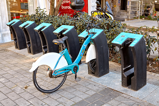 Istanbul, Turkey - February 13, 2020: İspark company has launched a bike-rental service called Isbike  is a public smart bike sharing system.