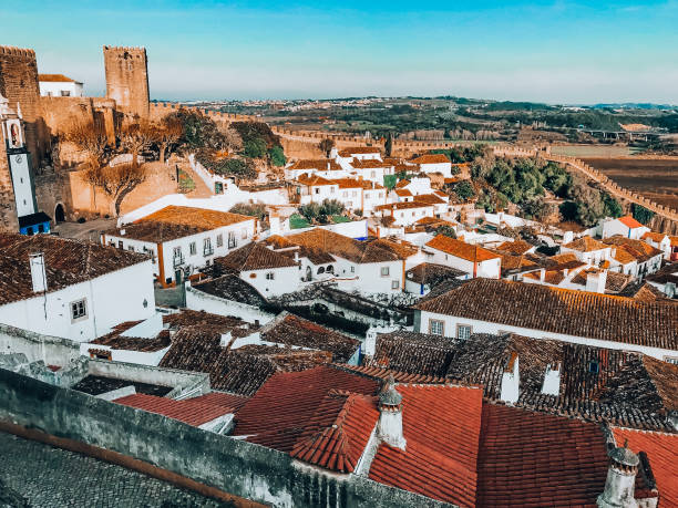 Typical Portuguese architecture Typical Portuguese achitecture street in Óbidos Portugal. Colorful houses and stores full of the best gastronomy in Portugal as well as traditional product in a village built inside castle walls. obidos photos stock pictures, royalty-free photos & images