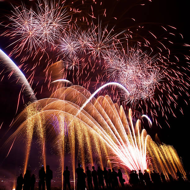 istock Big fireworks with silhouettes of people watching it 121903782