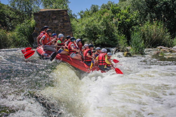 equipe de rafting, esporte aquático extremo de verão. - rafting strength excitement men - fotografias e filmes do acervo