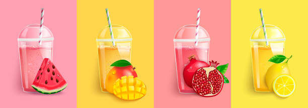 illustrations, cliparts, dessins animés et icônes de pastèque, mangue, grenade, ensemble de smoothie au citron. - healthy eating backgrounds freshness luxury