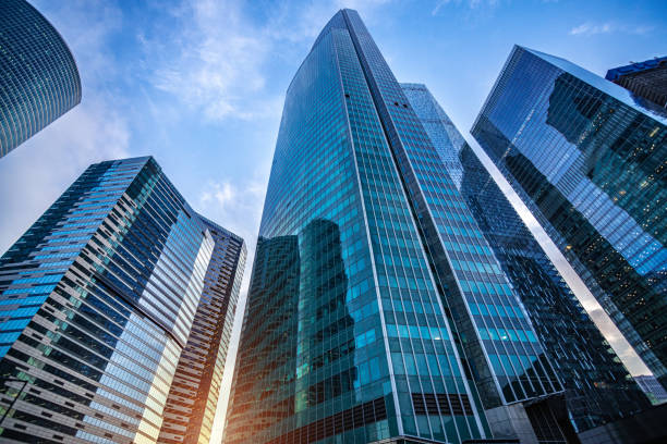 istock Corporate business buildings against blue sky 1219047111